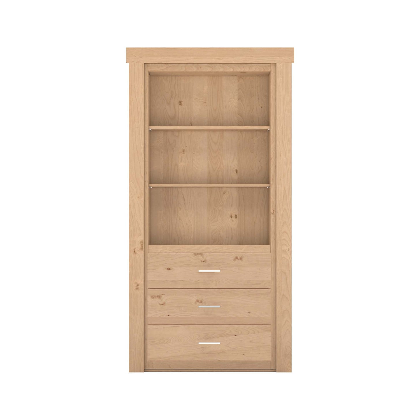 Murphy Door® natural wood bookcase with two adjustable shelves and three drawers with silver handles.