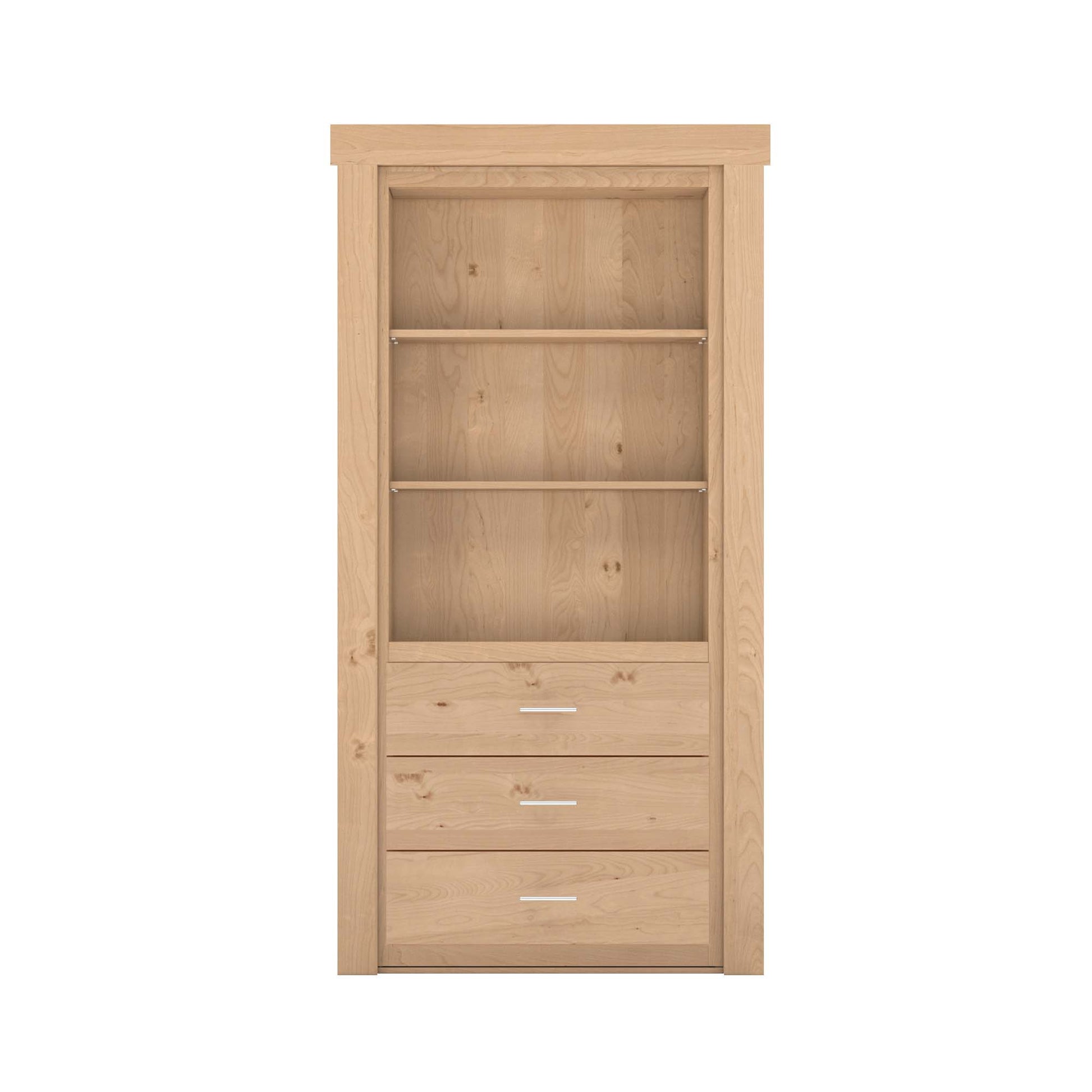 Murphy Door® natural wood bookcase with two adjustable shelves and three drawers with silver handles.