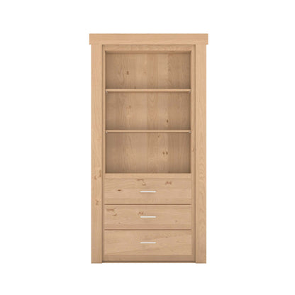 Murphy Door® natural wood bookcase with two adjustable shelves and three drawers with silver handles.