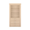 Murphy Door® natural wood hidden door bookcase with three open shelves and three lower drawers with silver pulls.