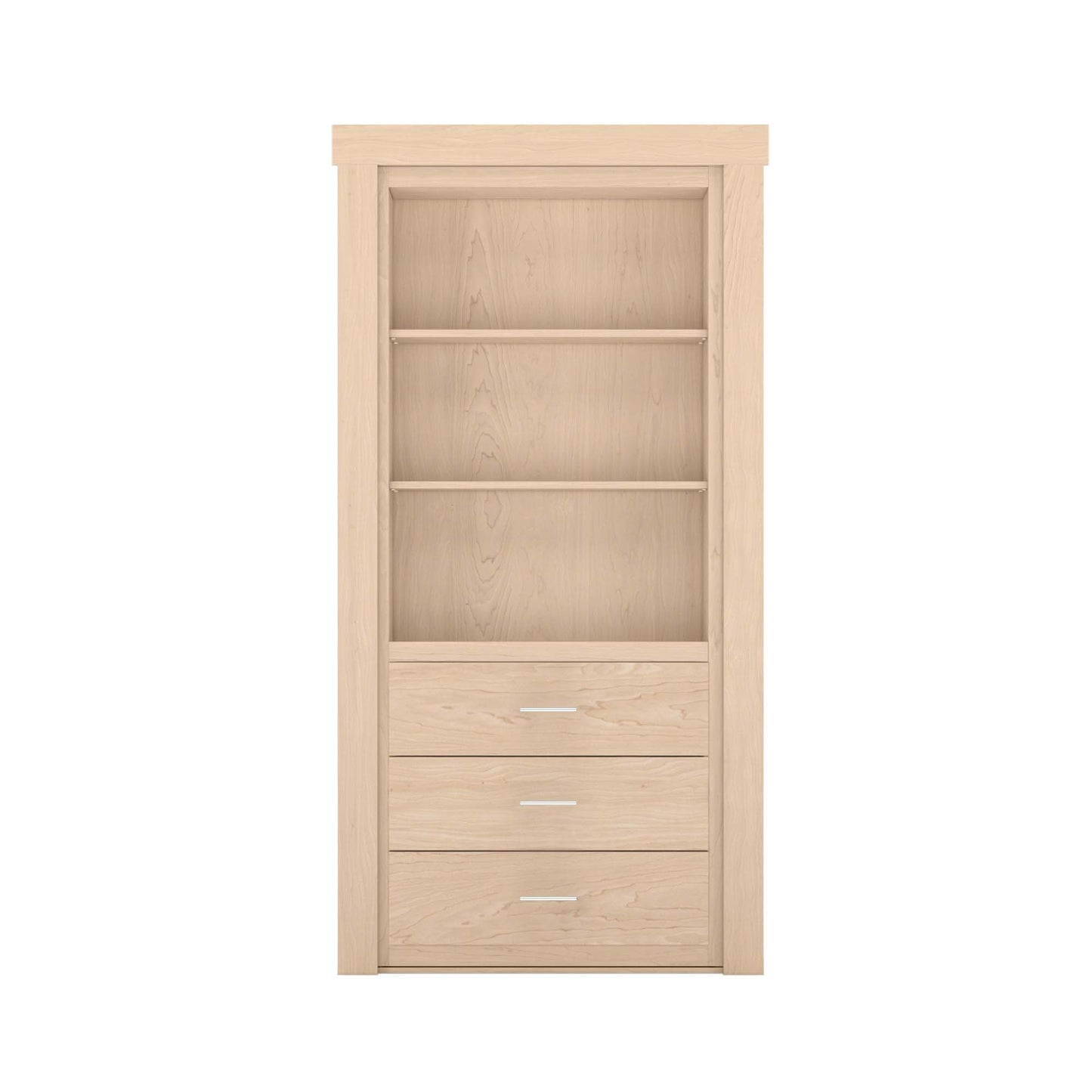 Murphy Door® natural wood hidden door bookcase with three open shelves and three lower drawers with silver pulls.