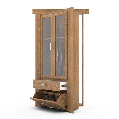 Murphy Door® oak gun cabinet with glass display doors, pull-out drawer, and tilt-out storage compartment for hidden firearm storage.