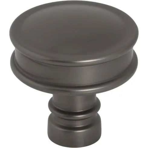 Murphy Door® round oil-rubbed bronze cabinet knob with a flat top and grooved stem.