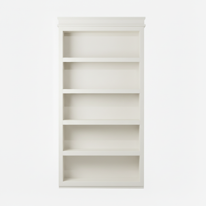 Paint Grade MDF / White finish variation for Murphy Door® light oak wooden bookcase with five empty shelves, featuring natural wood grain and traditional styling.