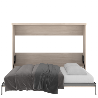 Murphy Door® light wood wall bed, open to reveal a bed with a gray blanket and white pillow.