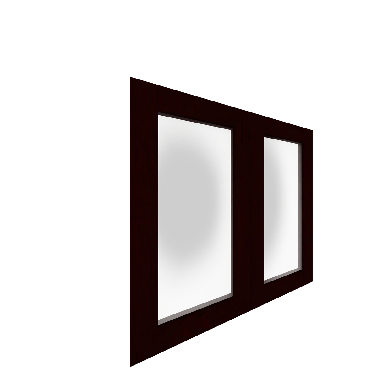 Angled view of deep reddish-brown veneer French cabinet doors with lower inset white glass