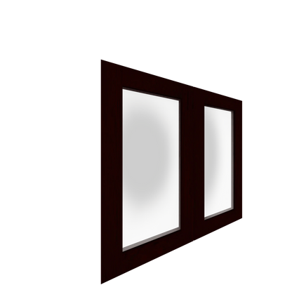 Angled view of deep reddish-brown veneer French cabinet doors with lower inset white glass