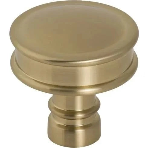 Murphy Door® satin brass cabinet knob with a round top, recessed band, and tiered base.