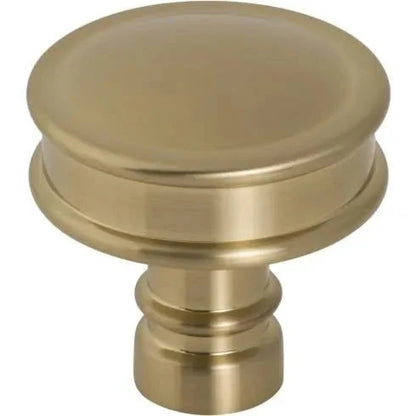 Murphy Door® satin brass cabinet knob with a round top, recessed band, and tiered base.