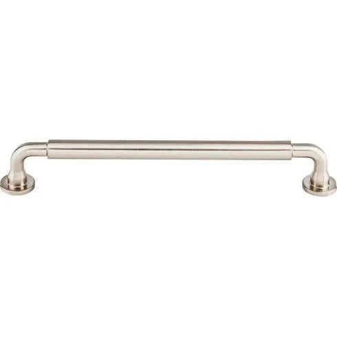 Murphy Door® satin nickel cabinet pull, a sleek metal bar handle with curved ends and round bases.