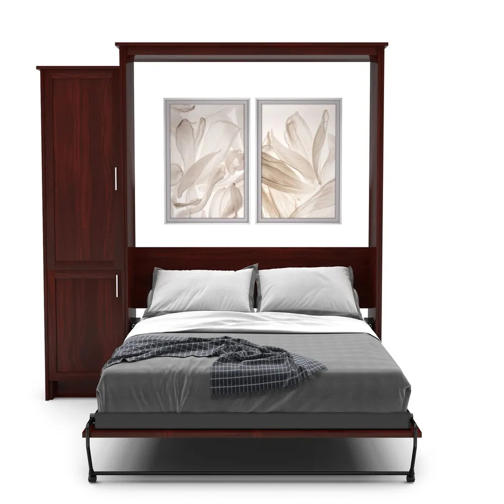 "Murphy Door® dark wood wall bed with attached cabinet, featuring gray bedding and elegant floral artwork above."