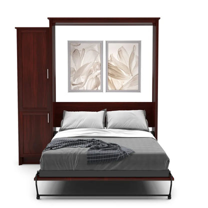 "Murphy Door® dark wood wall bed with attached cabinet, featuring gray bedding and elegant floral artwork above."