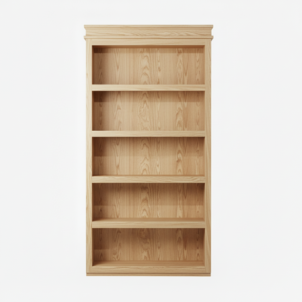 Murphy Door® light oak wooden bookcase with five empty shelves, featuring natural wood grain and traditional styling.