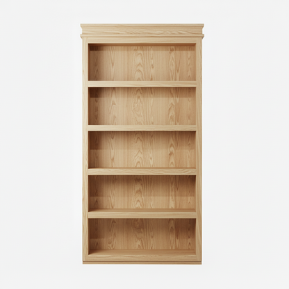 Murphy Door® light oak wooden bookcase with five empty shelves, featuring natural wood grain and traditional styling.