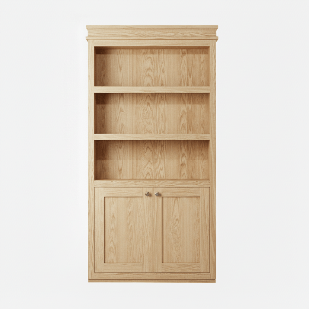 Murphy Door® Surface Mount Murphy Door: Light oak wood bookcase with open shelves and a two-door base cabinet.