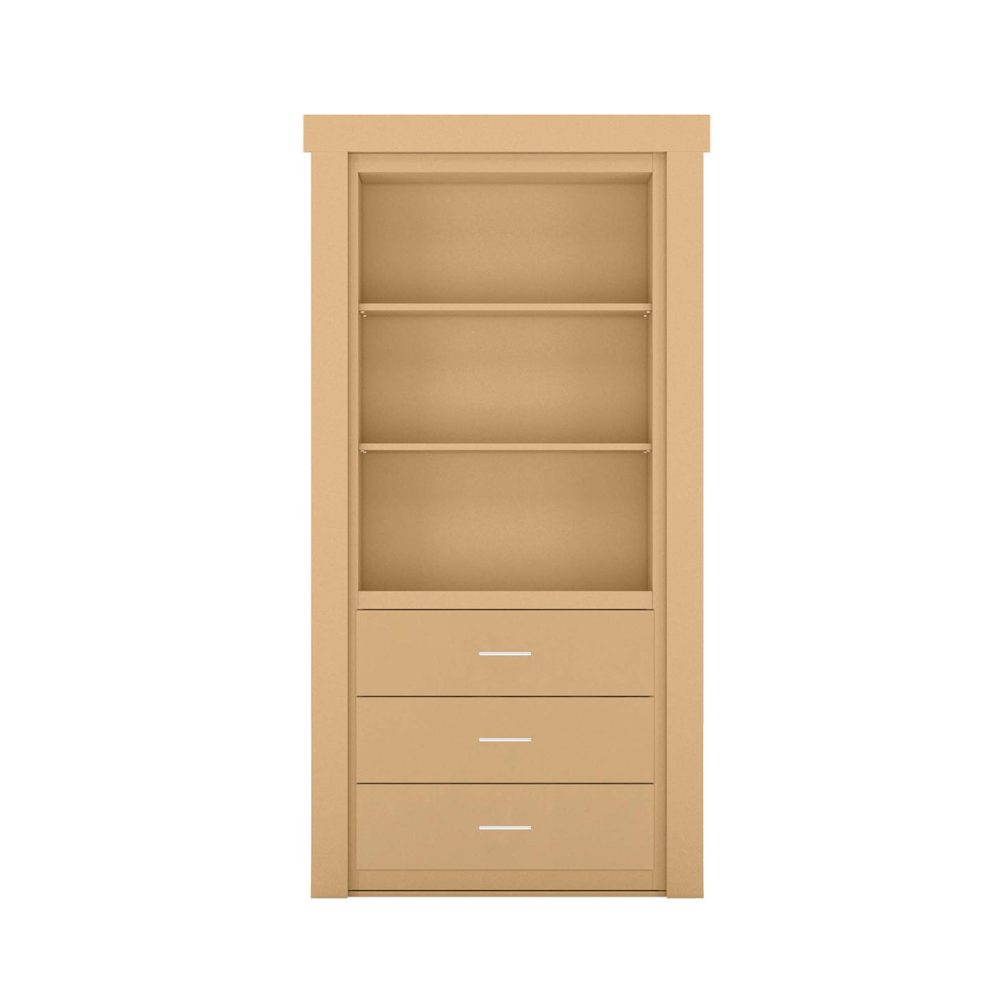 Murphy Door® unfinished wood hidden door bookcase with two open shelves and three drawers.