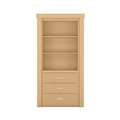 Murphy Door® unfinished wood hidden door bookcase with two open shelves and three drawers.
