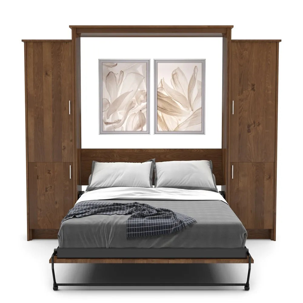 Murphy Door® wooden wall bed unit with built-in storage cabinets, walnut finish, and minimalist floral artwork above white bedding.