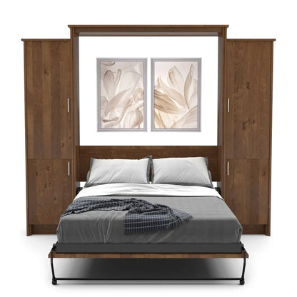 Murphy Door® wooden wall bed unit with built-in storage cabinets, walnut finish, and minimalist floral artwork above white bedding.