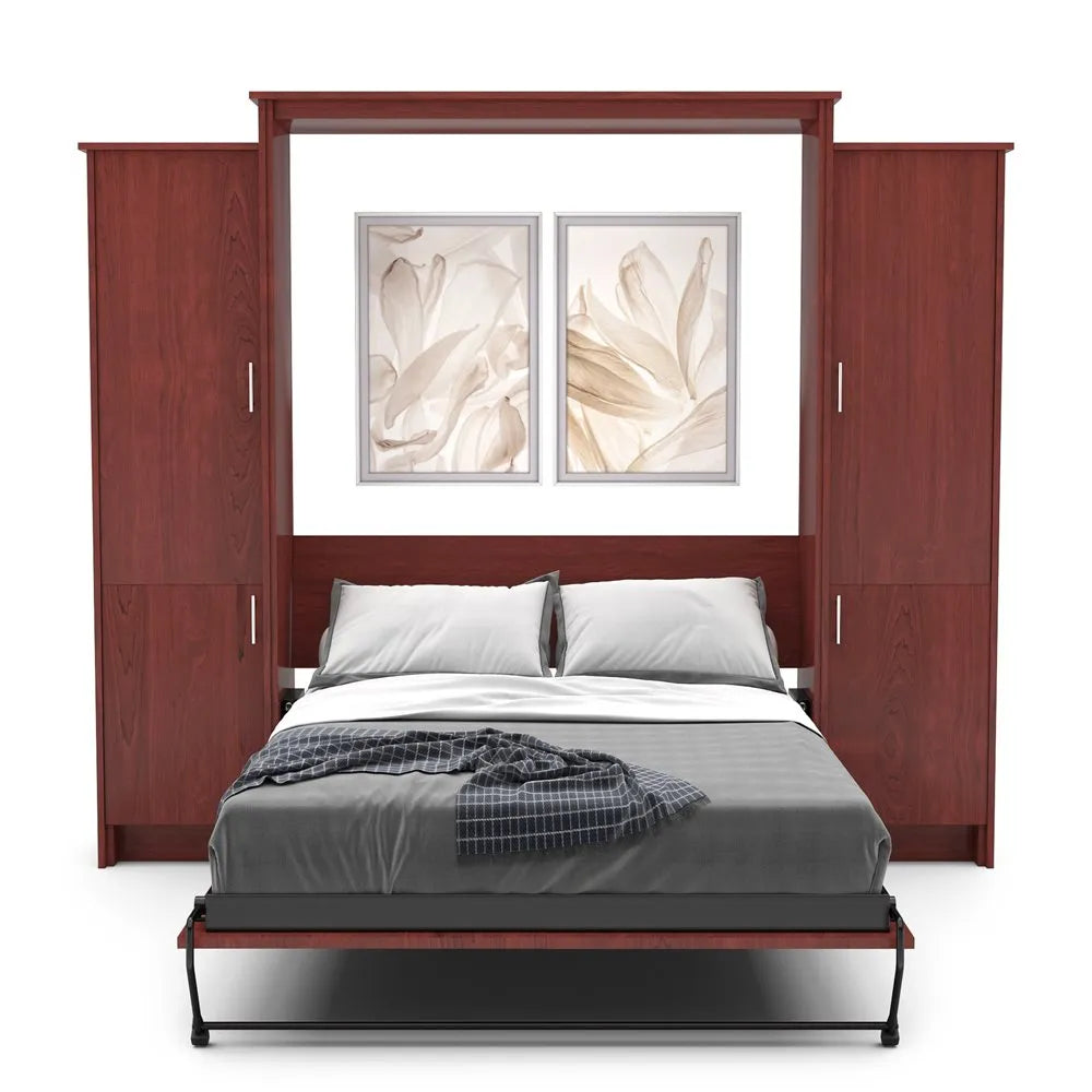 Murphy Door® wall bed with cherry wood frame, white bedding, built-in storage cabinets, and floral artwork above.