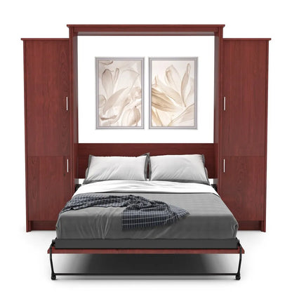 Murphy Door® wall bed with cherry wood frame, white bedding, built-in storage cabinets, and floral artwork above.