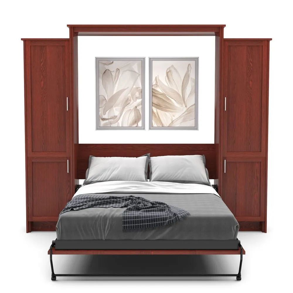 Murphy Door® wall bed with rich cherry wood frame, built-in storage cabinets, and gray bedding beneath elegant floral artwork.