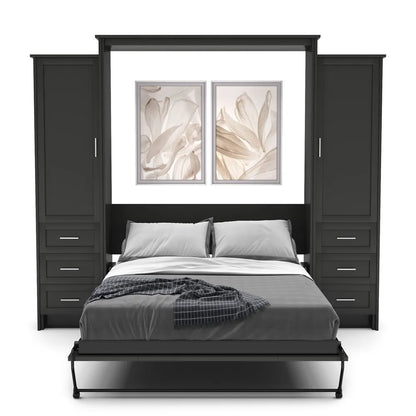 Murphy Door® wall bed with dark frame, built-in storage cabinets, gray bedding, and elegant floral artwork above the headboard.