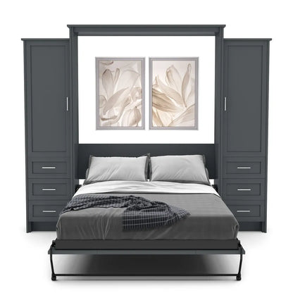 Murphy Door® wall bed with dark gray cabinetry, built-in storage drawers, and decorative floral artwork above white bedding.