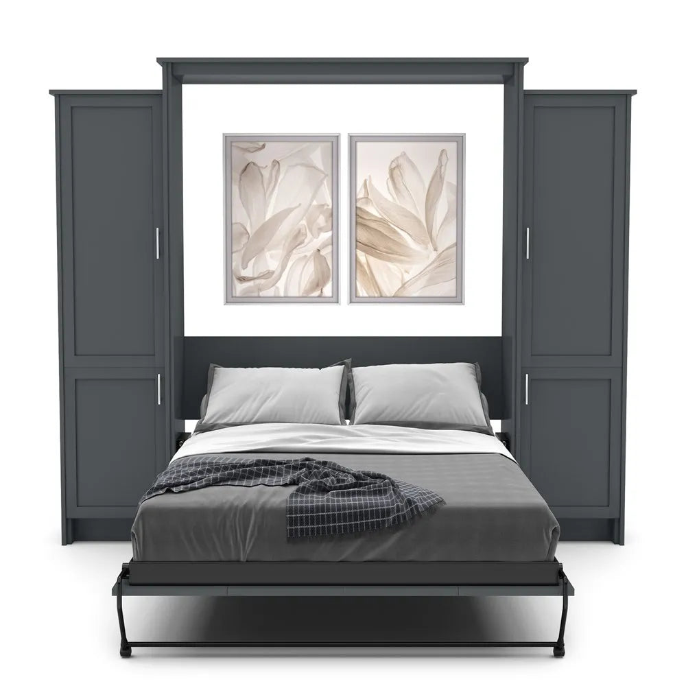 Murphy Door® wall bed with dark gray frame, built-in storage cabinets, and elegant floral artwork above the gray bedding.