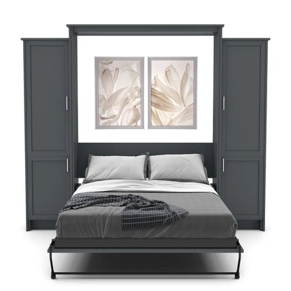 Murphy Door® wall bed with dark gray frame, built-in storage cabinets, and elegant floral artwork above the gray bedding.