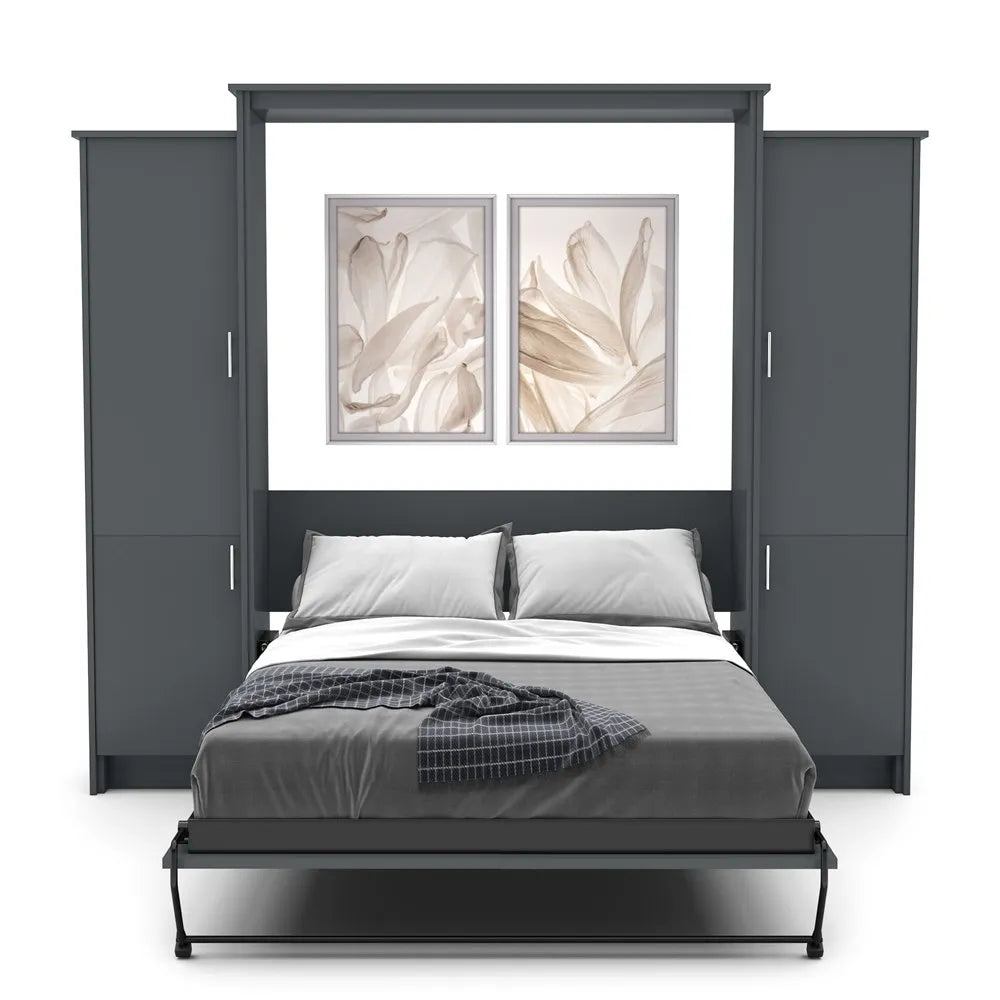 Murphy Door® wall bed unit with dark gray frame, built-in storage cabinets, and neutral bedding beneath floral artwork.