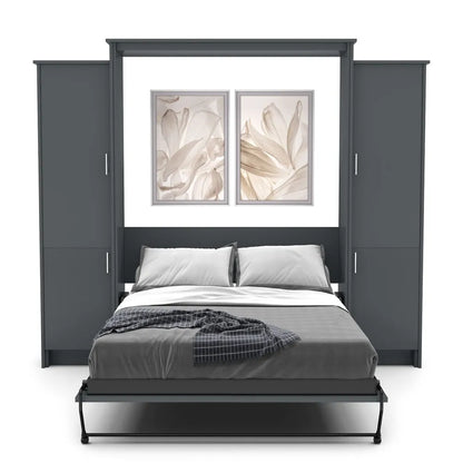 Murphy Door® wall bed unit with dark gray frame, built-in storage cabinets, and neutral bedding beneath floral artwork.