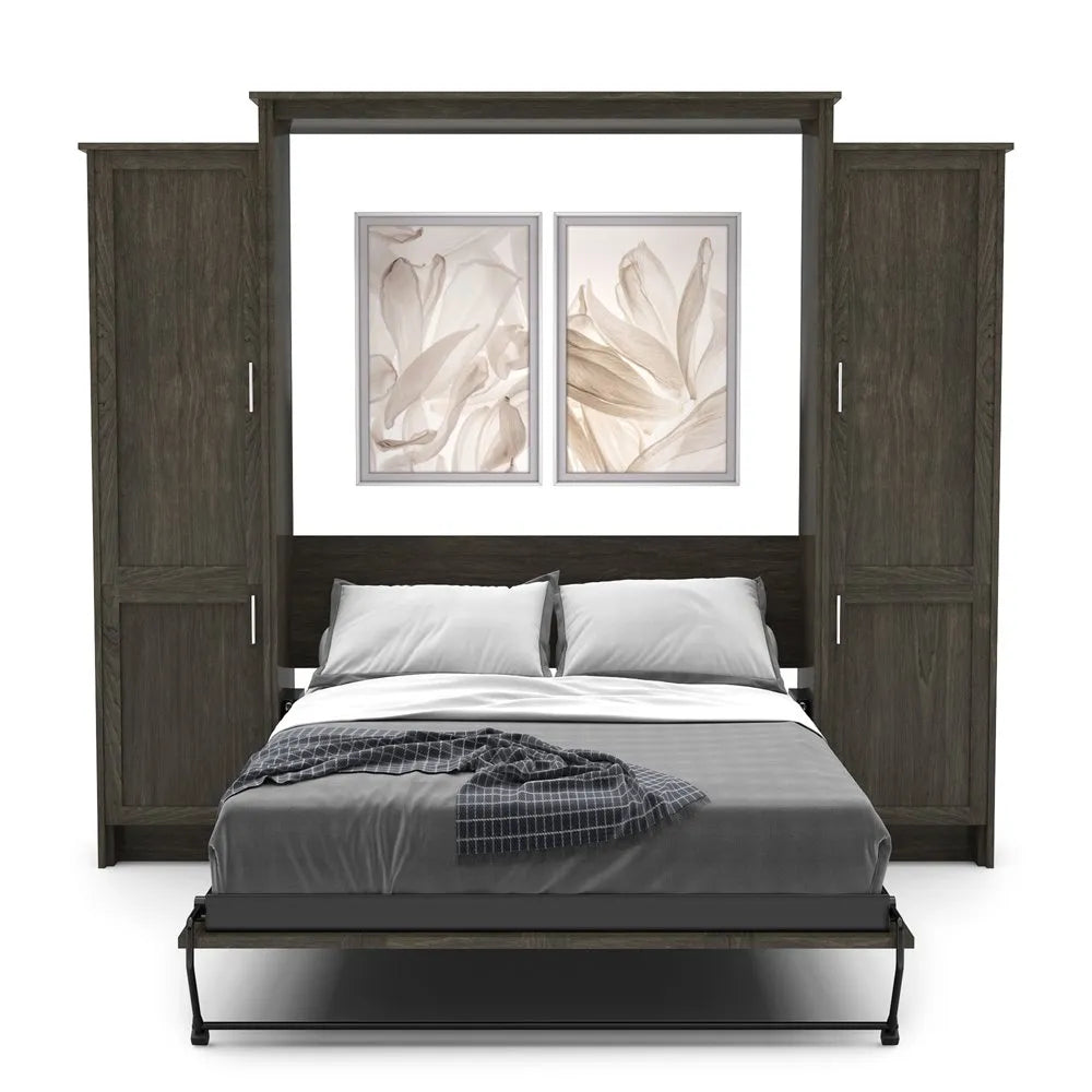 Murphy Door® wall bed with dark wood frame, built-in side cabinets, gray bedding, and floral artwork above the headboard.