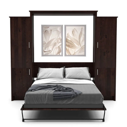 Murphy Door® wall bed with dark wood frame, built-in cabinets, gray bedding, and decorative floral artwork above.