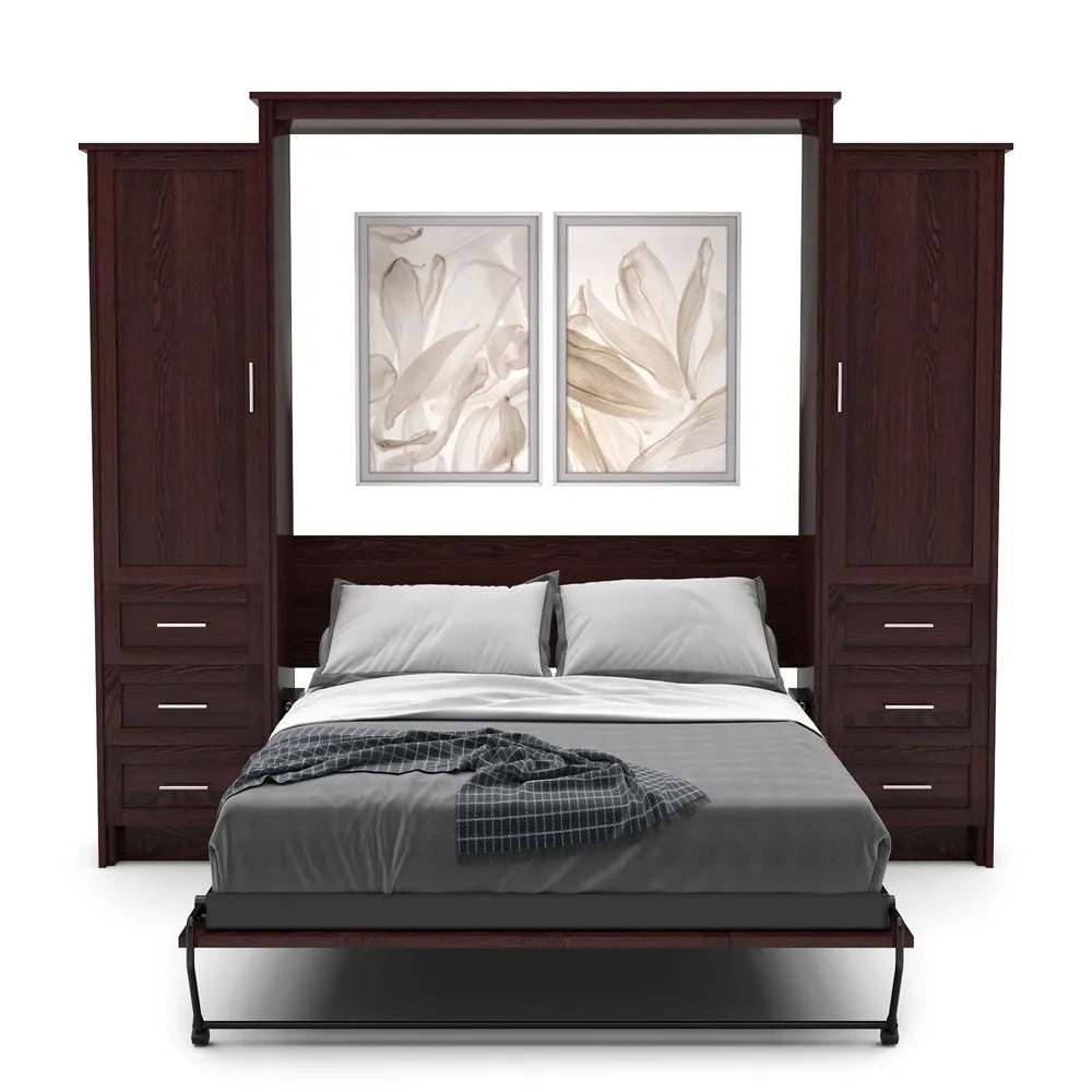 Murphy Door® wall bed with dark wood frame, built-in storage cabinets, gray bedding, and floral artwork mounted above.