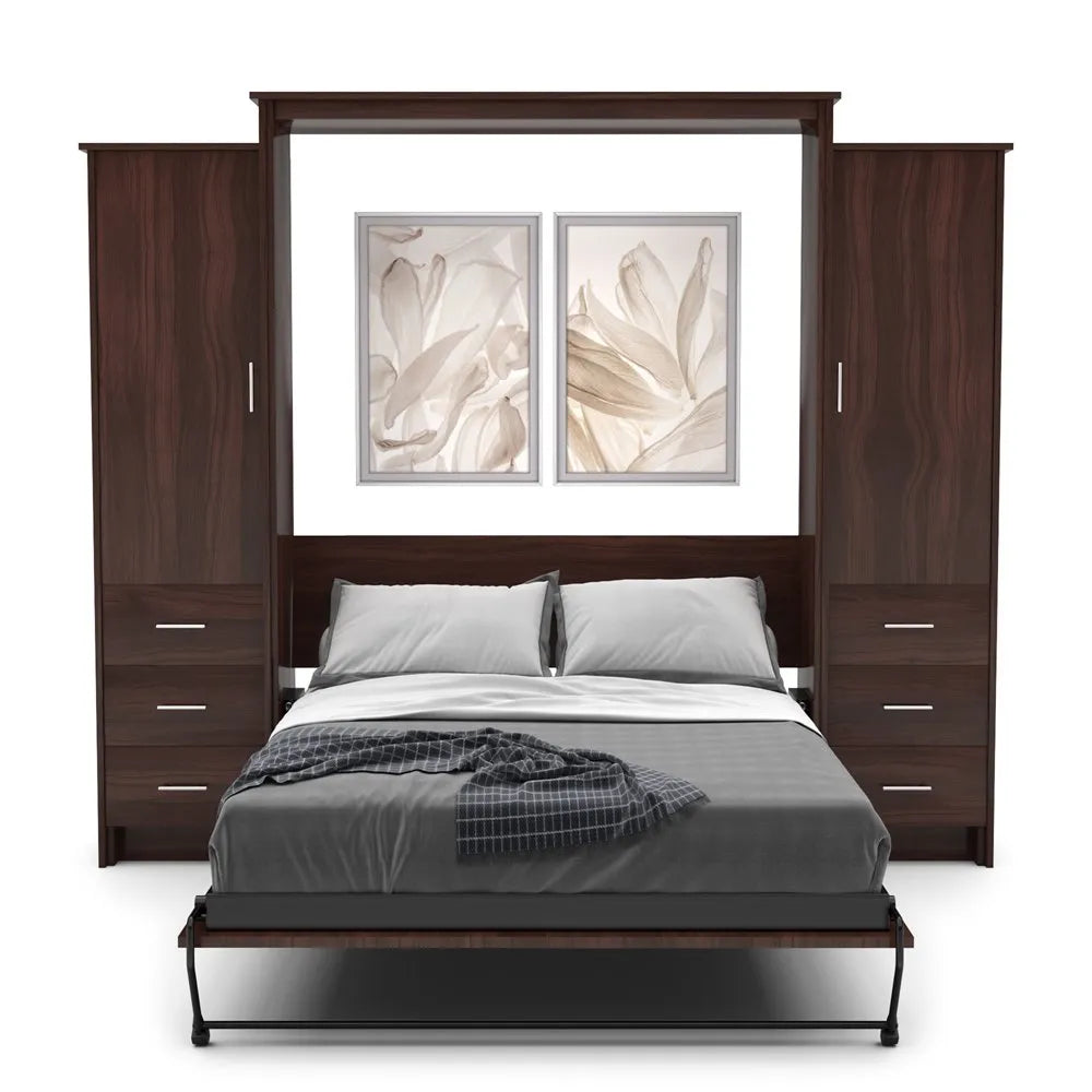 Murphy Door® wall bed with dark wood frame, built-in storage cabinets, gray bedding, and floral artwork above.