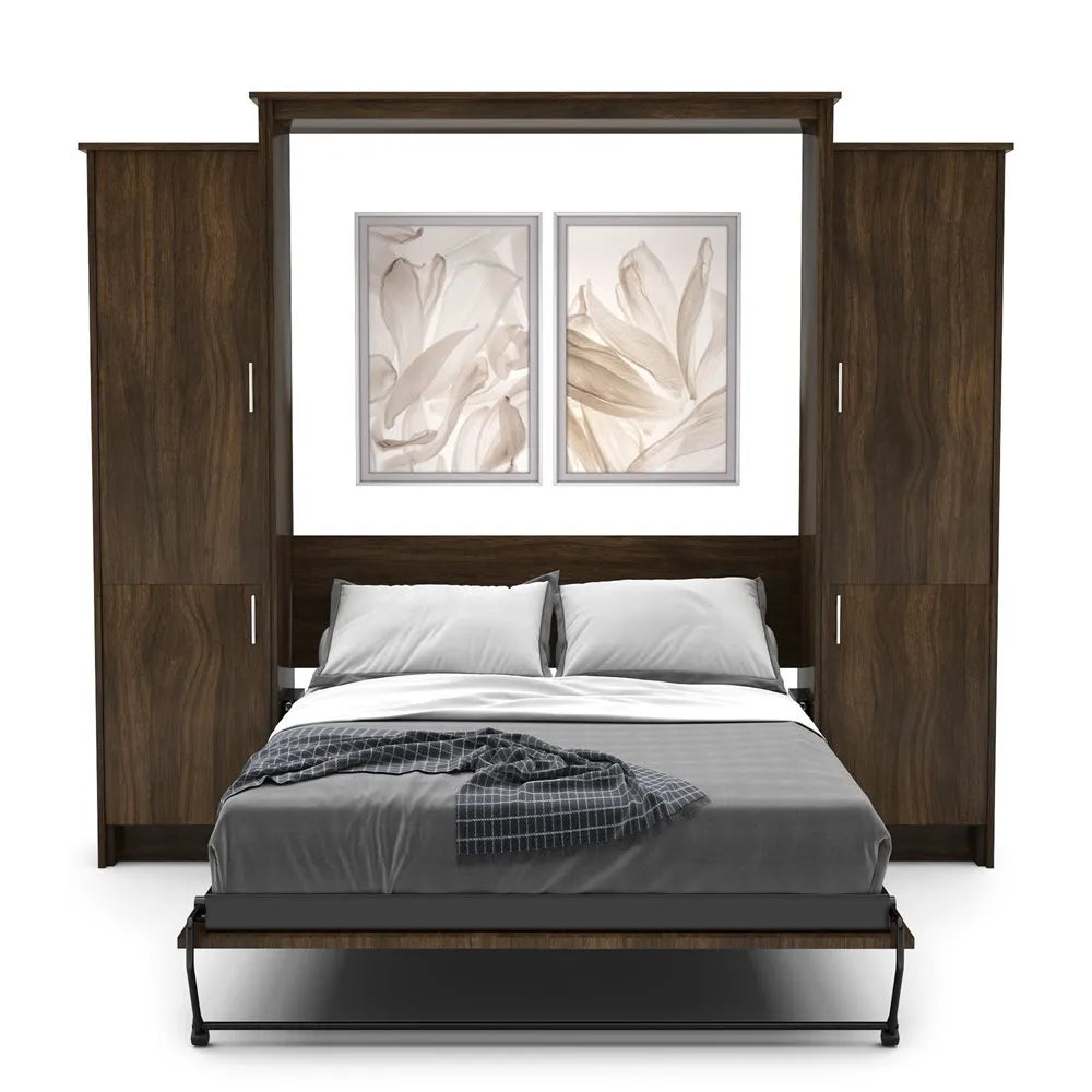 Murphy Door® wall bed with dark wood frame, built-in storage cabinets, gray bedding, and decorative flower artwork above.