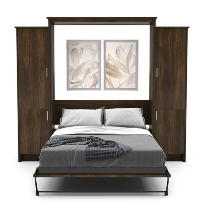 Murphy Door® wall bed with dark wood frame, built-in storage cabinets, gray bedding, and decorative flower artwork above.