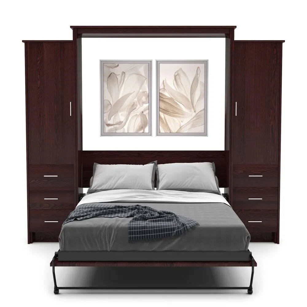 Murphy Door® wall bed with rich dark wood frame, storage cabinets, and elegant floral artwork, featuring gray bedding.