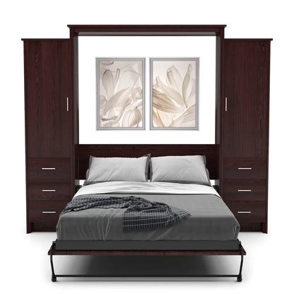Murphy Door® wall bed with rich dark wood frame, storage cabinets, and elegant floral artwork, featuring gray bedding.
