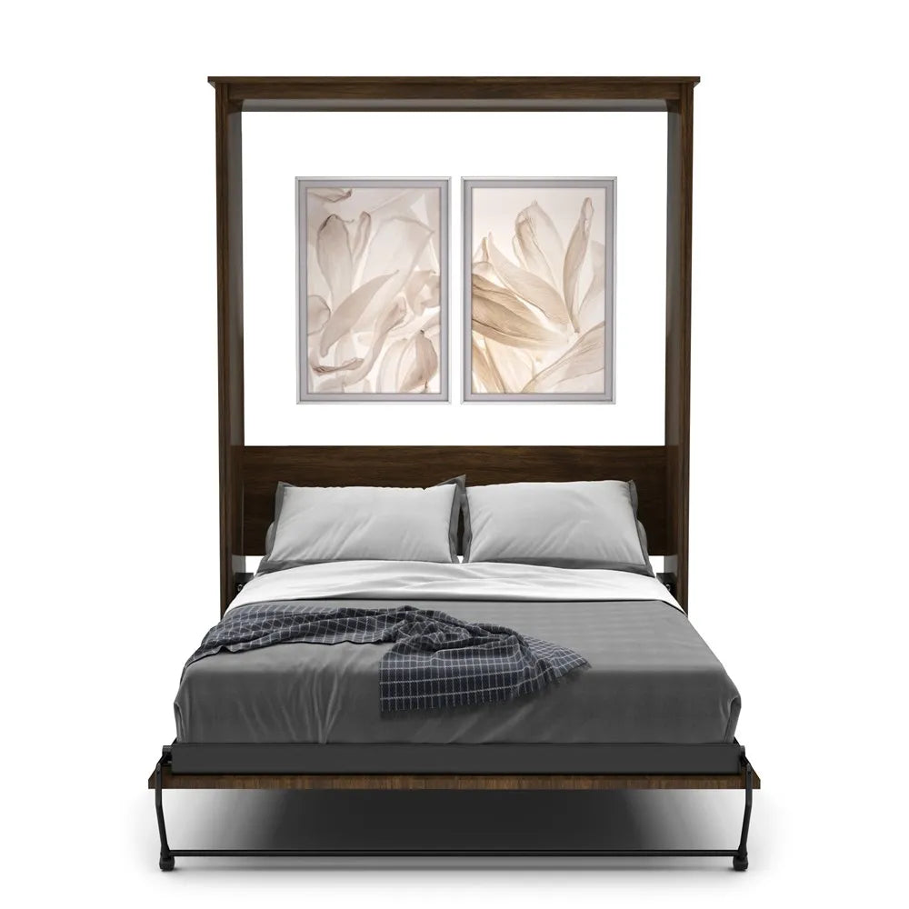 Murphy Door® wall bed with dark wood frame, gray bedding, and dual floral artwork panels above the headboard.