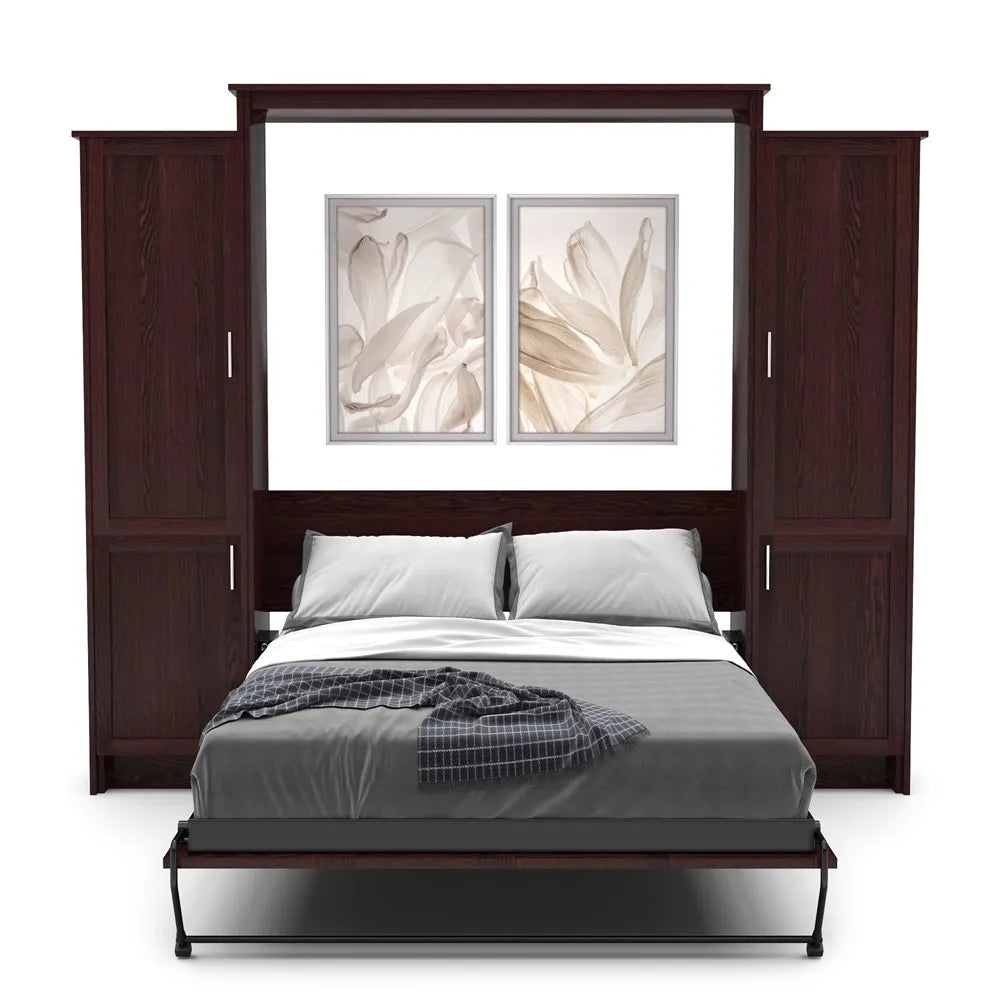 Murphy Door® wall bed with dark wood frame, built-in side storage cabinets, and elegant floral artwork above gray bedding.