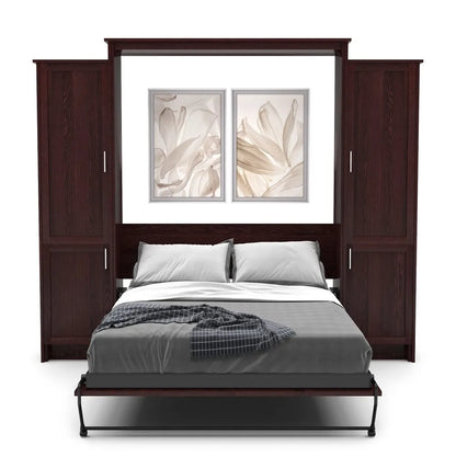 Murphy Door® wall bed with dark wood frame, built-in side storage cabinets, and elegant floral artwork above gray bedding.