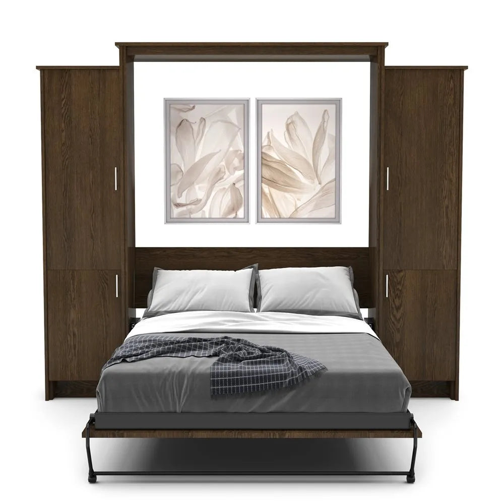 Murphy Door® wall bed with dark wood frame, built-in storage cabinets, gray bedding, and elegant floral artwork above.