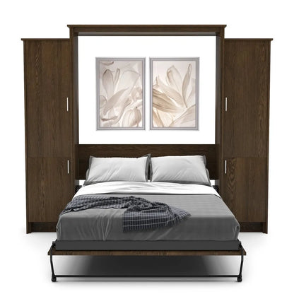 Murphy Door® wall bed with dark wood frame, built-in storage cabinets, gray bedding, and elegant floral artwork above.