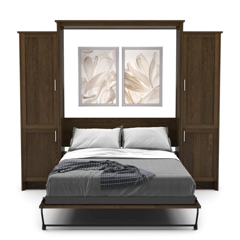 Murphy Door® wall bed with dark wood frame, built-in storage cabinets, gray bedding, and botanical artwork above headboard.