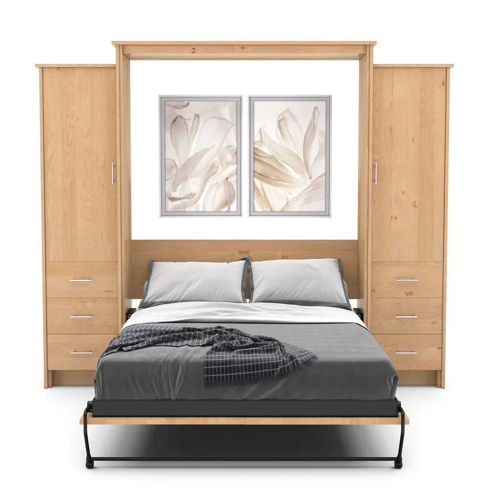 Murphy Door® wall bed frame with light wood finish, built-in side cabinets, and modern gray bedding beneath floral artwork.