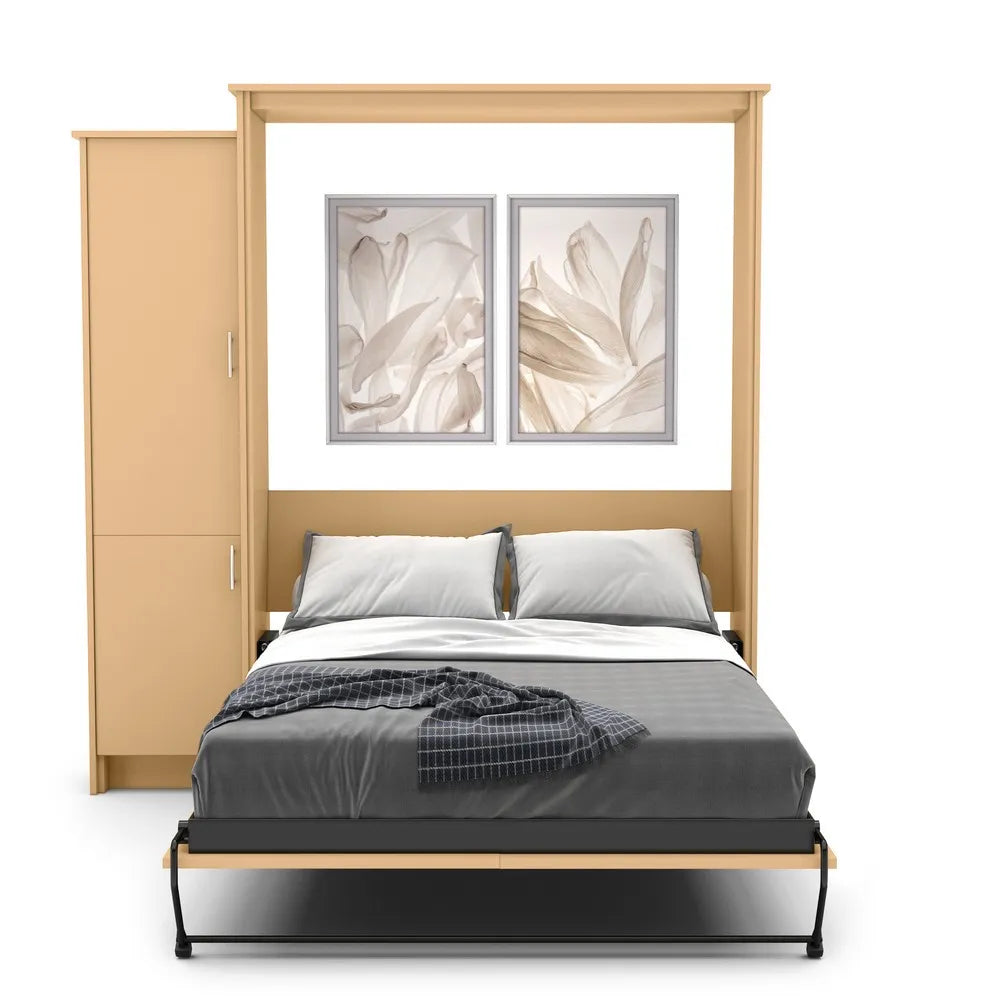 Murphy Door® wall bed with light wood frame, gray bedding, built-in storage cabinet, and elegant floral artwork above.
