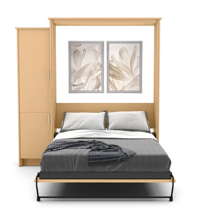 Murphy Door® wall bed with light wood frame, gray bedding, built-in storage cabinet, and elegant floral artwork above.