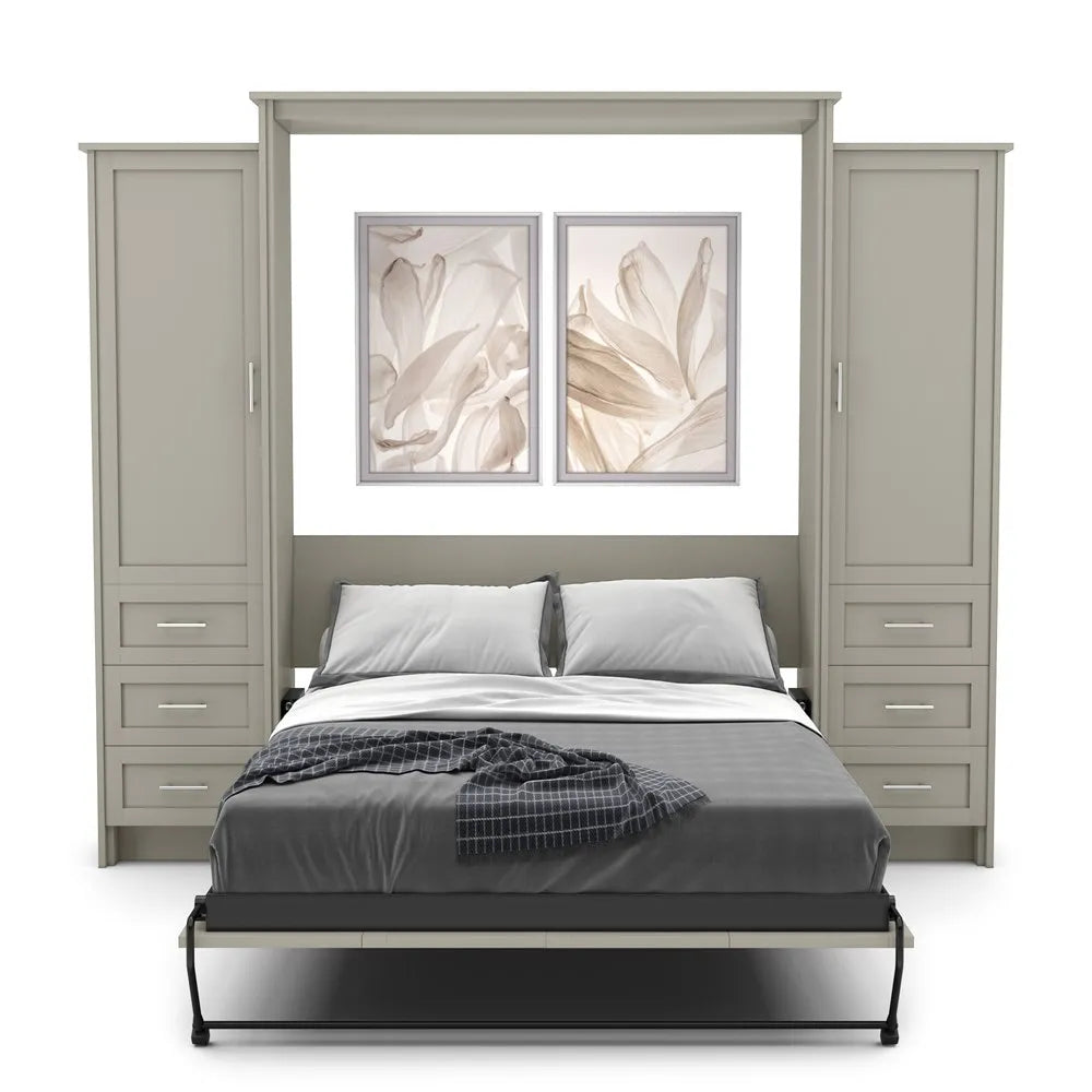 Murphy Door® wall bed system with gray cabinet towers, white bedding, and floral artwork above the queen mattress.